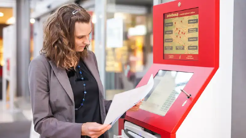Printbox user looking at their print outs at Supernova Mercator Šiška